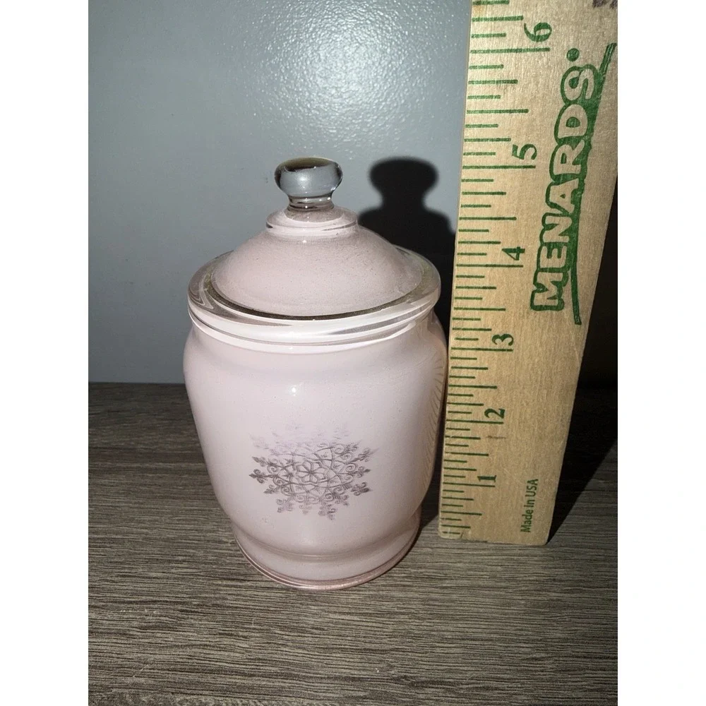 Vtg Pink Frosted Glass MCM Vanity Trinket Jar Lid Gold Snowflake 4.75